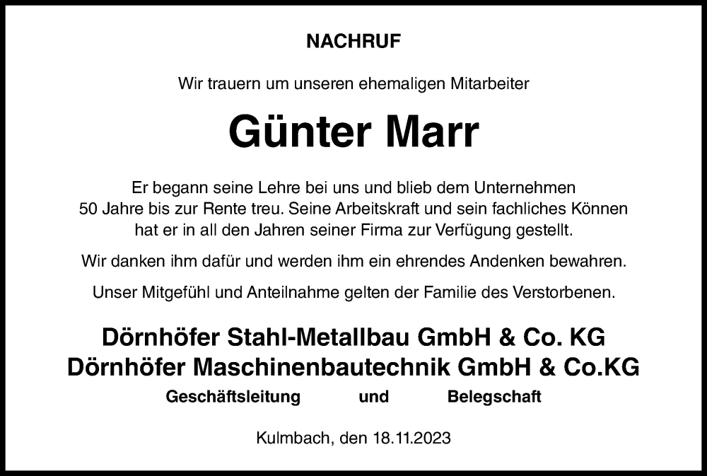  Traueranzeige für Günter Marr vom 18.11.2023 aus MGO