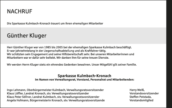 Anzeige von Günther Kluger von MGO