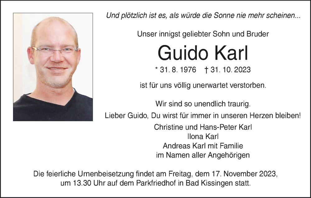  Traueranzeige für Guido Karl vom 11.11.2023 aus MGO