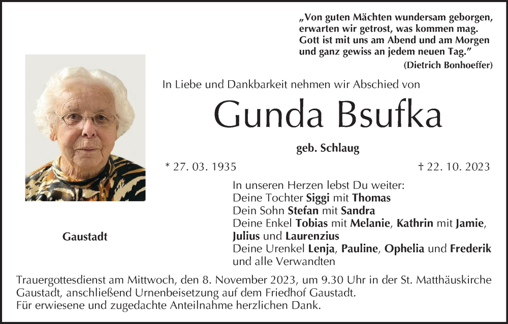  Traueranzeige für Gunda Bsufka vom 04.11.2023 aus MGO