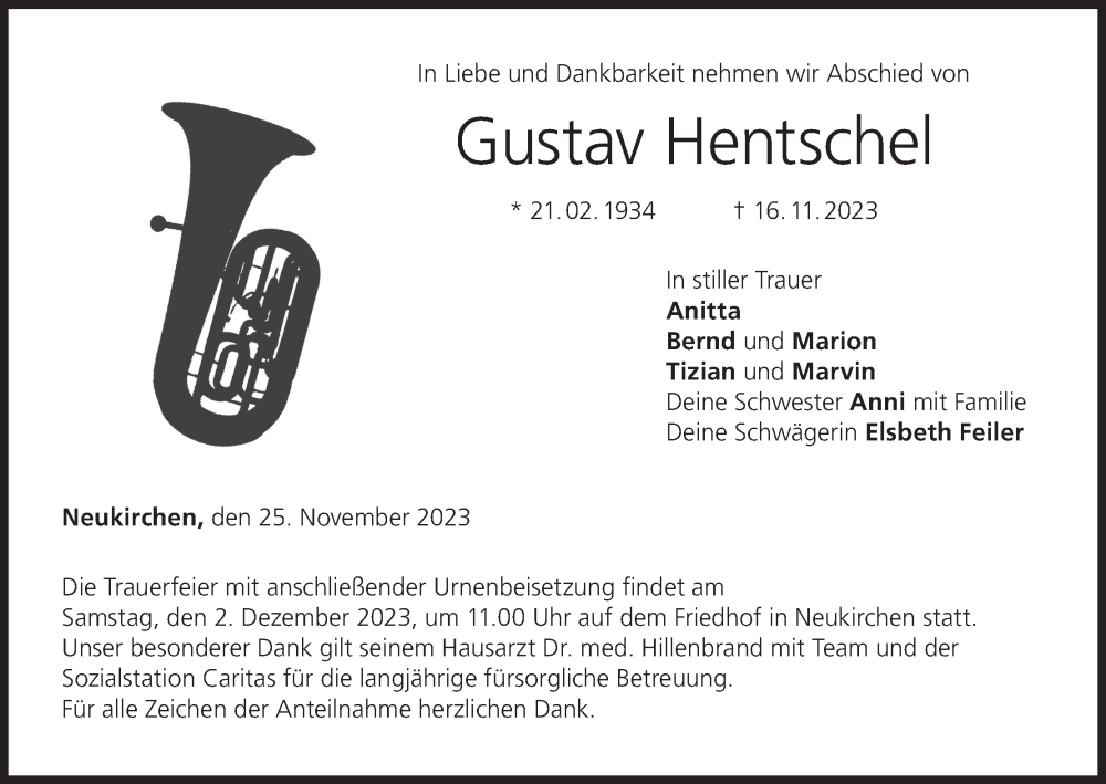  Traueranzeige für Gustav Hentschel vom 25.11.2023 aus MGO