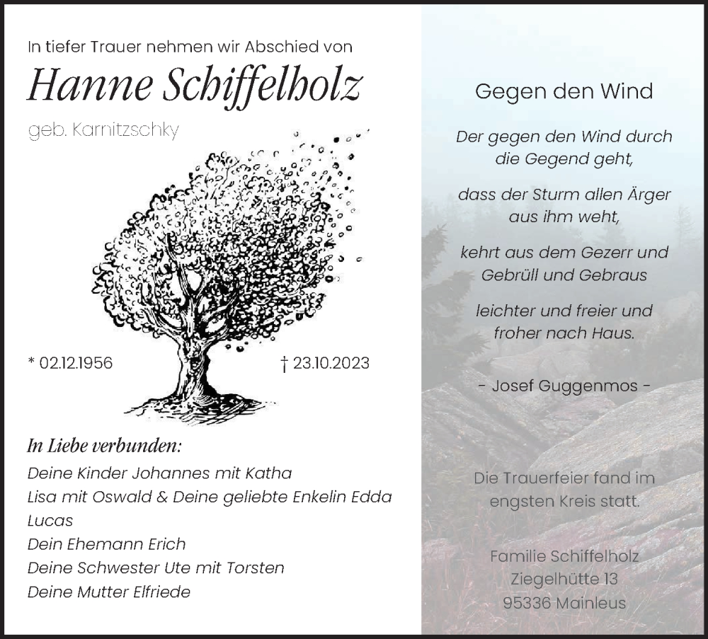  Traueranzeige für Hanne Schiffelholz vom 04.11.2023 aus MGO
