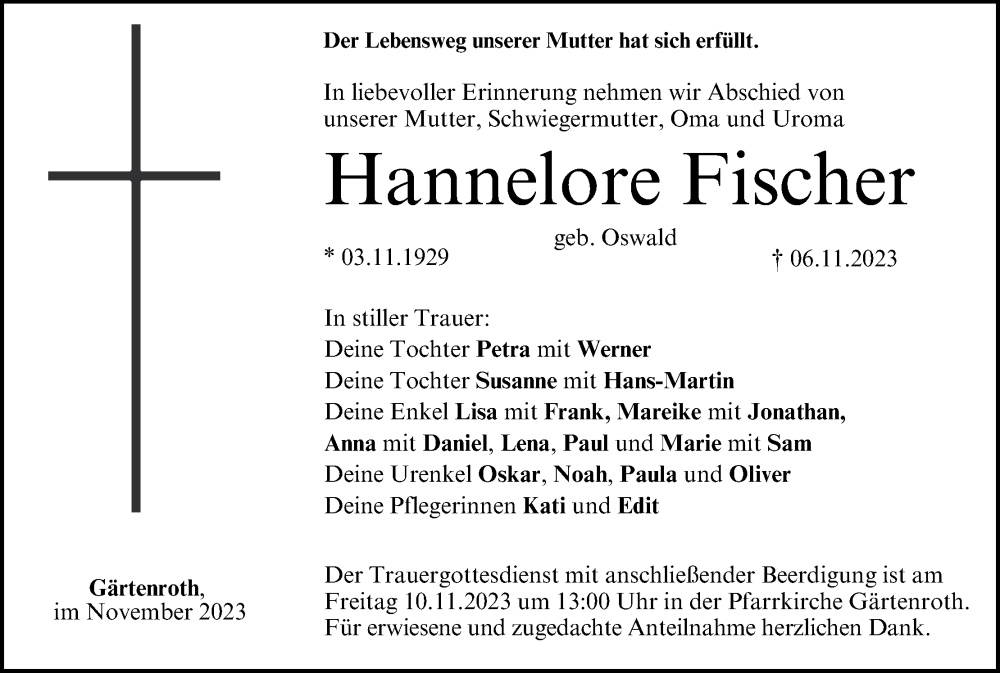  Traueranzeige für Hannelore Fischer vom 08.11.2023 aus MGO