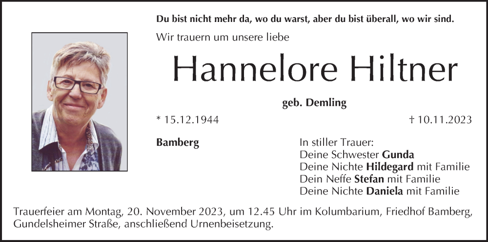  Traueranzeige für Hannelore Hiltner vom 18.11.2023 aus MGO