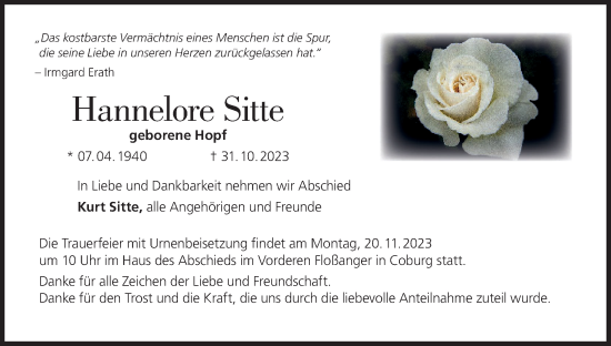 Anzeige von Hannelore Sitte von MGO