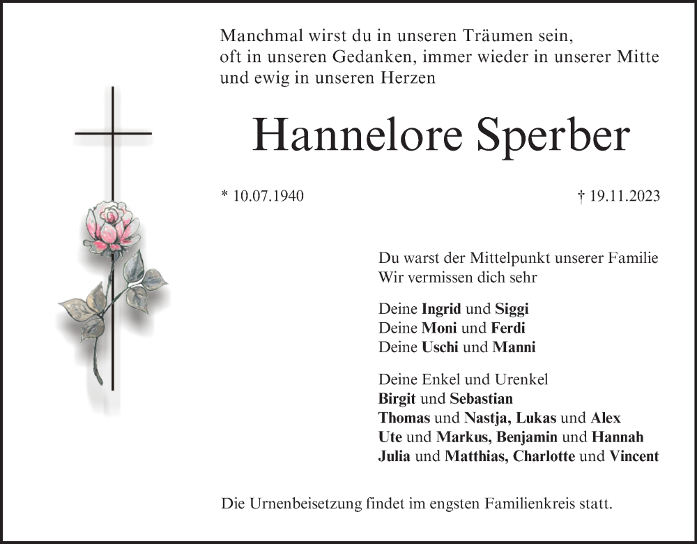  Traueranzeige für Hannelore Sperber vom 25.11.2023 aus MGO
