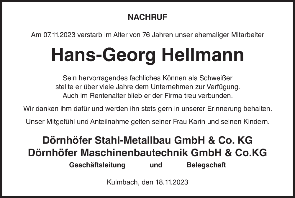  Traueranzeige für Hans-Georg Hellmann vom 18.11.2023 aus MGO