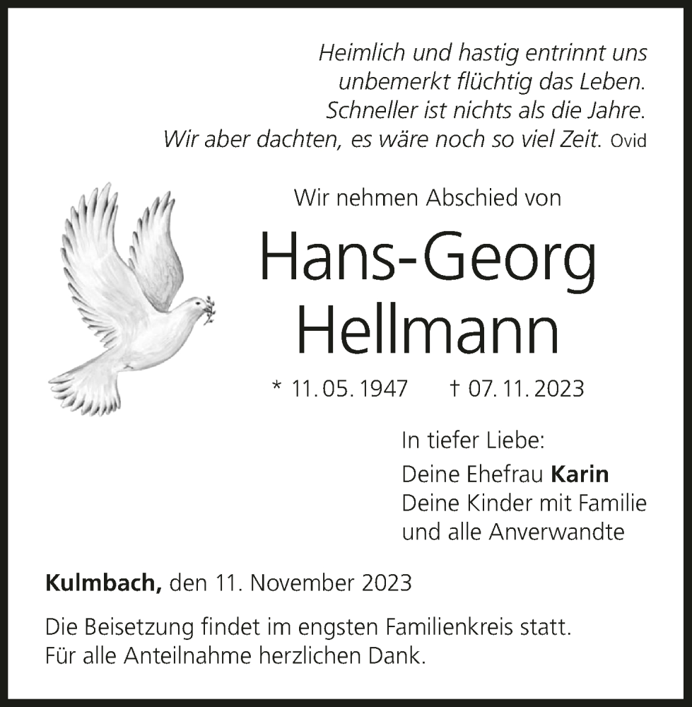  Traueranzeige für Hans-Georg Hellmann vom 11.11.2023 aus MGO