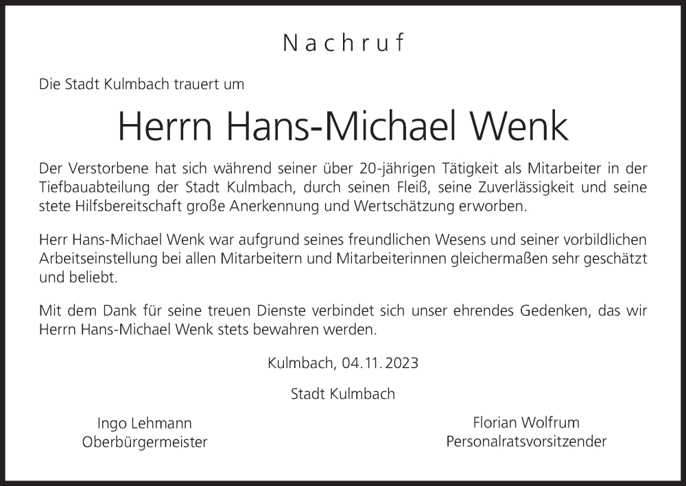  Traueranzeige für Hans-Michael Wenk vom 04.11.2023 aus MGO