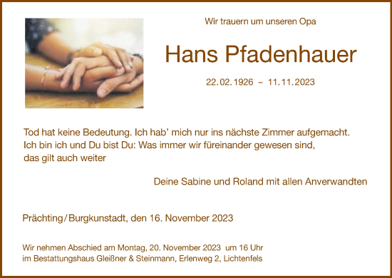 Anzeige von Hans Pfadenhauer von MGO