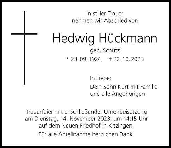 Anzeige von Hedwig Hückmann von MGO