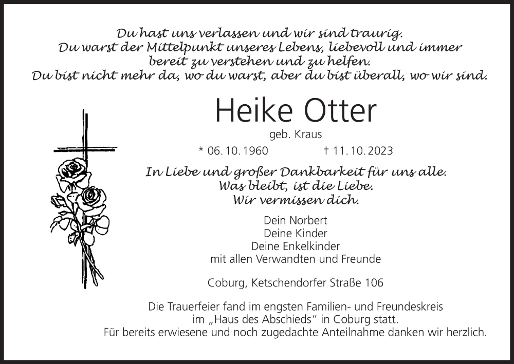  Traueranzeige für Heike Otter vom 04.11.2023 aus MGO