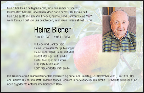 Anzeige von Heinz Biener von MGO