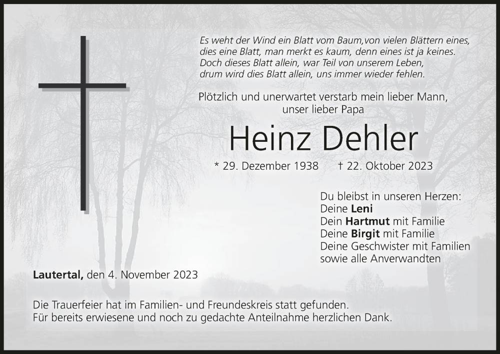  Traueranzeige für Heinz Dehler vom 04.11.2023 aus MGO