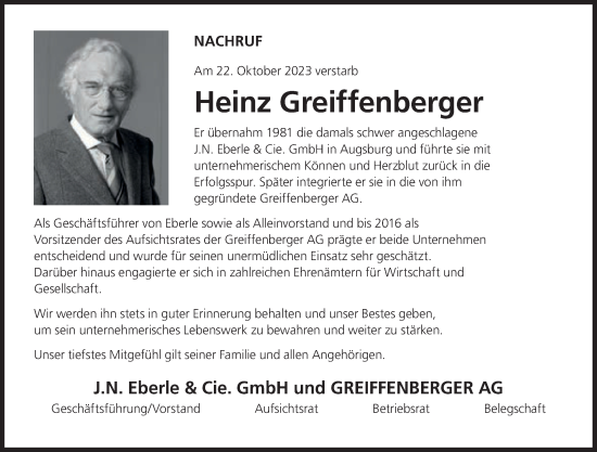 Anzeige von Heinz Greiffenberger von MGO
