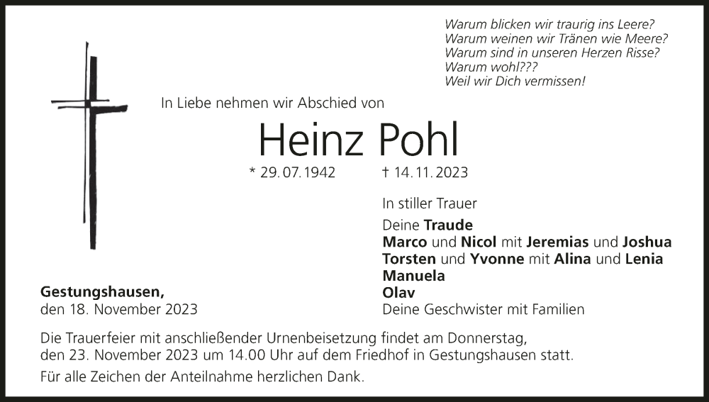 Traueranzeige für Heinz Pohl vom 18.11.2023 aus MGO