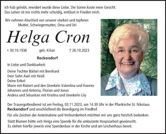 Anzeige von Helga Cron von MGO