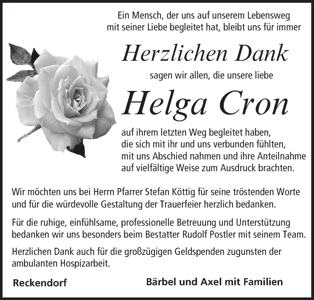  Traueranzeige für Helga Cron vom 25.11.2023 aus MGO
