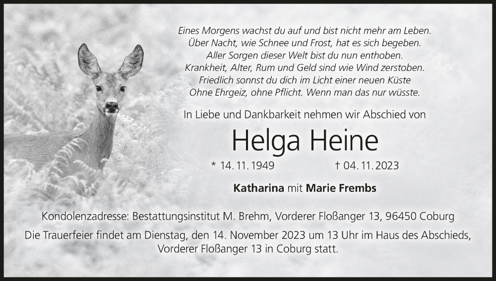  Traueranzeige für Helga Heine vom 11.11.2023 aus MGO