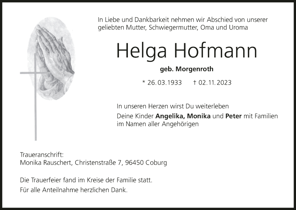  Traueranzeige für Helga Hofmann vom 11.11.2023 aus MGO