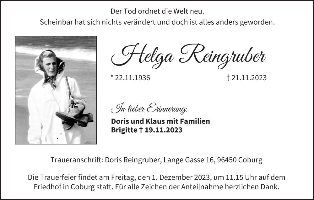  Traueranzeige für Helga Reingruber vom 25.11.2023 aus MGO