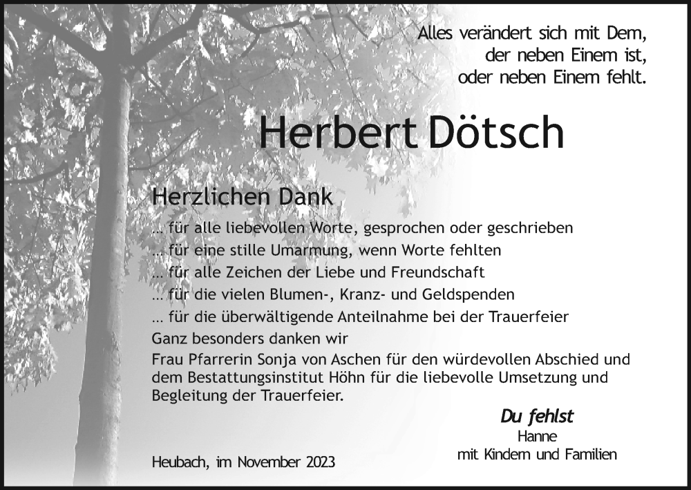  Traueranzeige für Herbert Dötsch vom 11.11.2023 aus MGO