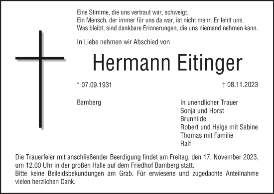 Anzeige von Hermann Eitinger von MGO