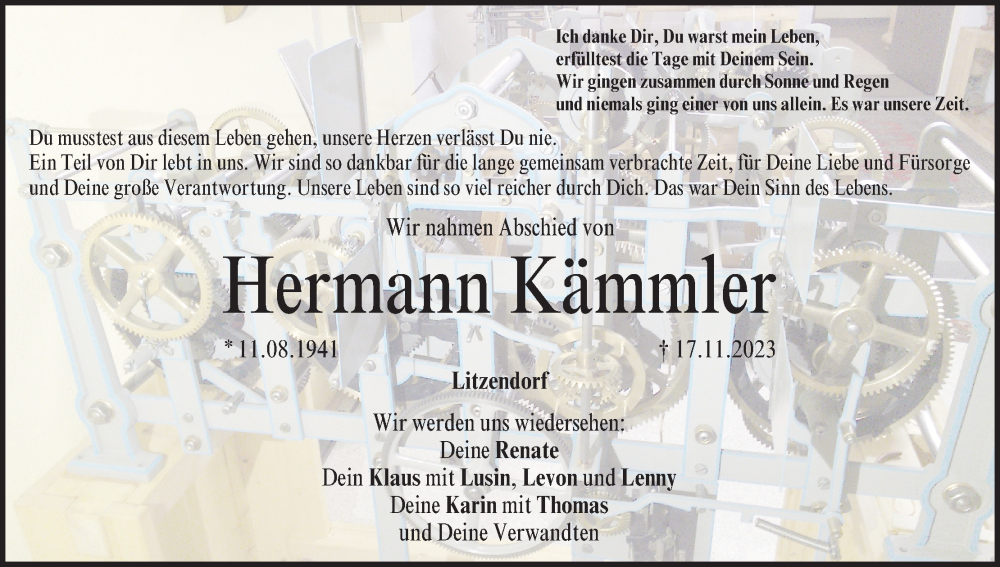  Traueranzeige für Hermann Kämmler vom 25.11.2023 aus MGO