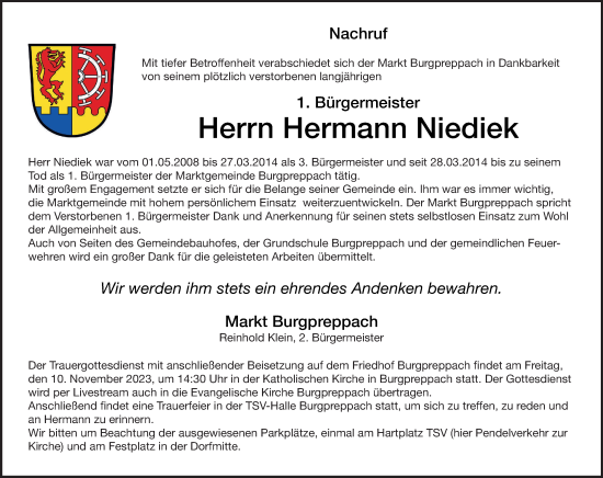 Anzeige von Hermann Niediek von MGO