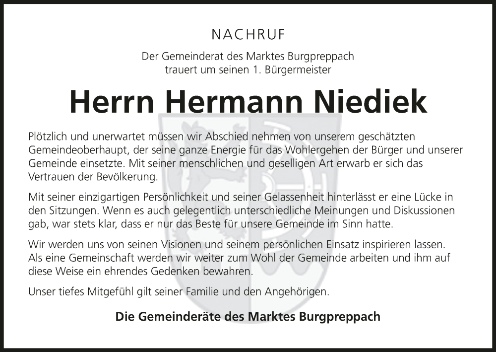  Traueranzeige für Hermann Niediek vom 09.11.2023 aus MGO