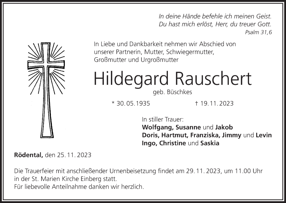  Traueranzeige für Hildegard Rauschert vom 25.11.2023 aus MGO