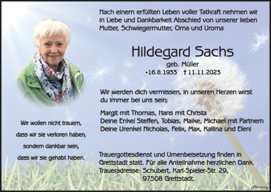 Anzeige von Hildegard Sachs von MGO