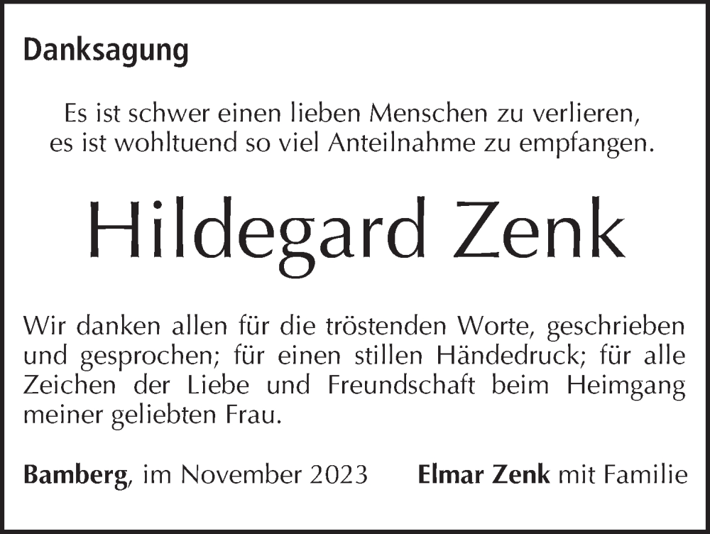  Traueranzeige für Hildegard Zenk vom 25.11.2023 aus MGO