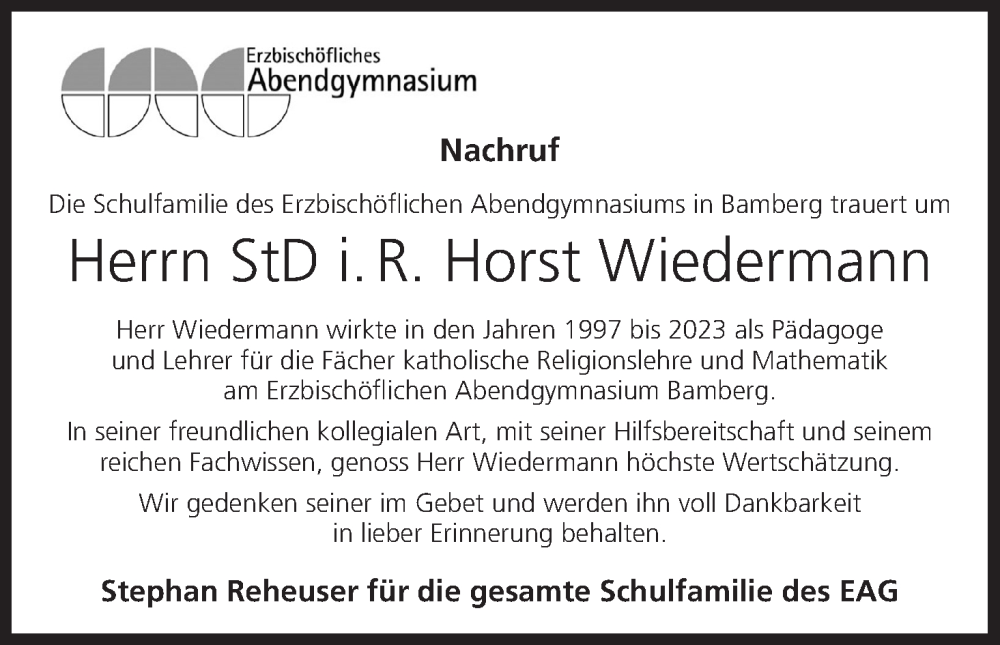  Traueranzeige für Horst Wiedermann vom 21.11.2023 aus MGO
