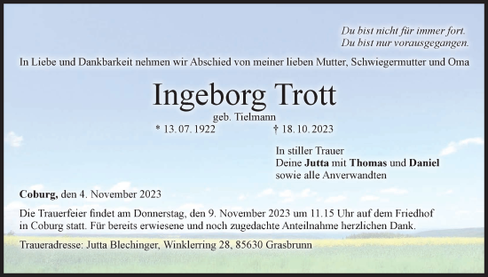 Anzeige von Ingeborg Trott von MGO