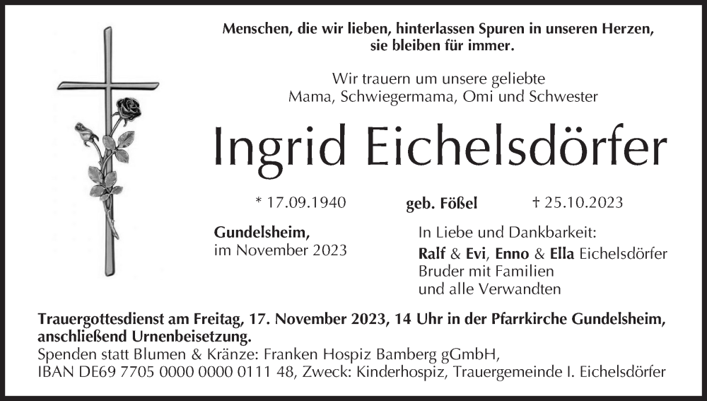  Traueranzeige für Ingrid Eichelsdörfer vom 11.11.2023 aus MGO