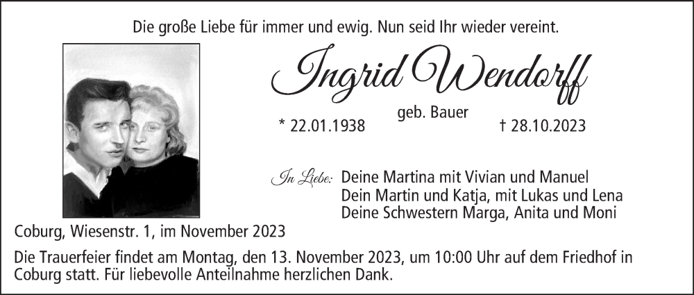  Traueranzeige für Ingrid Wendorff vom 11.11.2023 aus MGO
