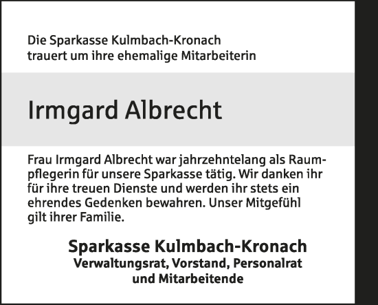 Anzeige von Irmgard Albrecht von MGO