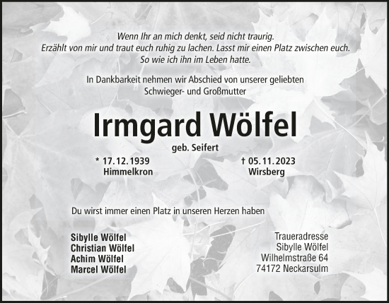 Anzeige von Irmgard Wölfel von MGO