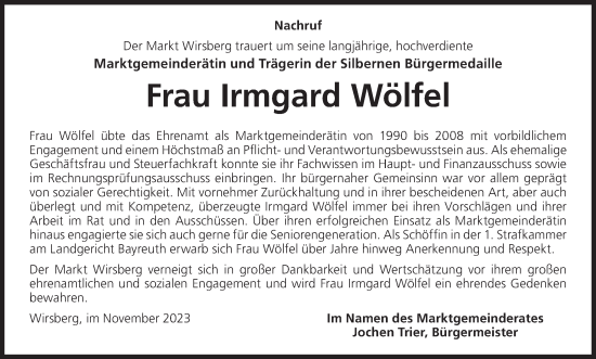 Anzeige von Irmgard Wölfel von MGO