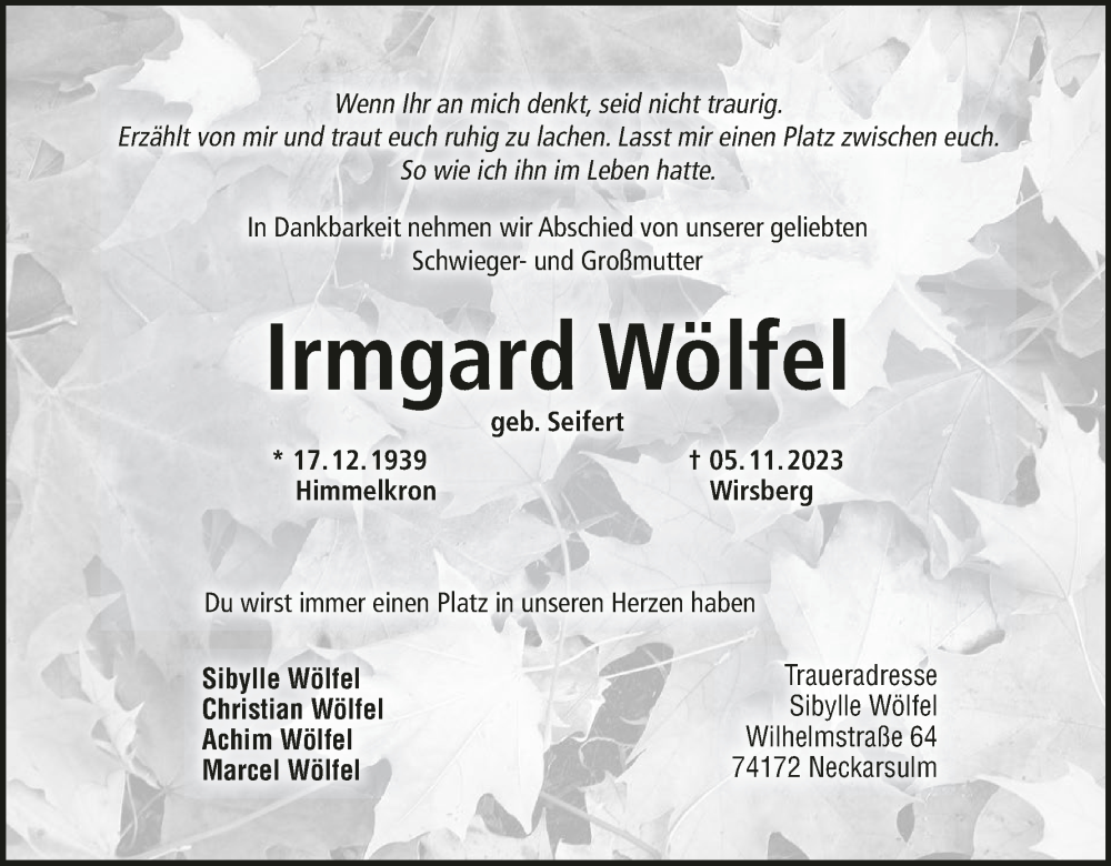  Traueranzeige für Irmgard Wölfel vom 07.11.2023 aus MGO