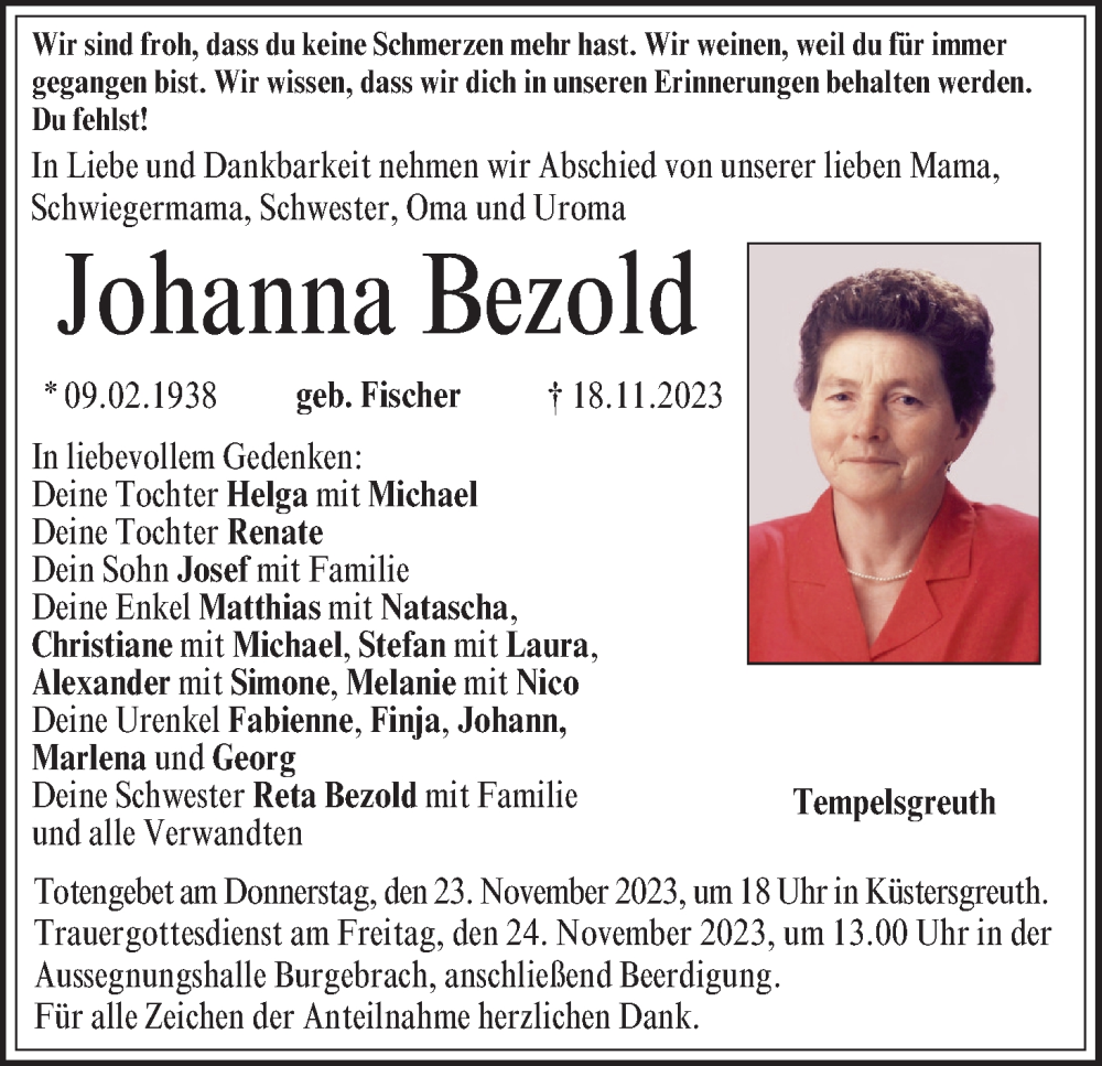  Traueranzeige für Johanna Bezold vom 21.11.2023 aus MGO