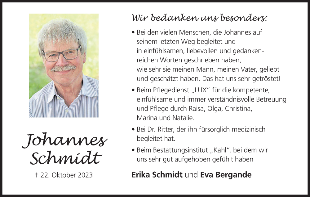  Traueranzeige für Johannes Schmidt vom 11.11.2023 aus MGO