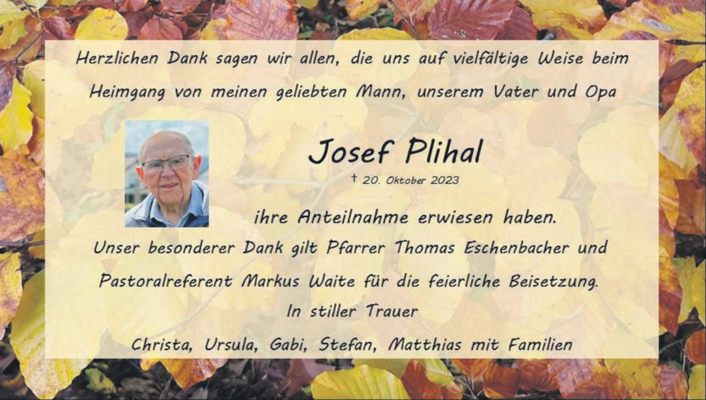  Traueranzeige für Josef Plihal vom 25.11.2023 aus MGO