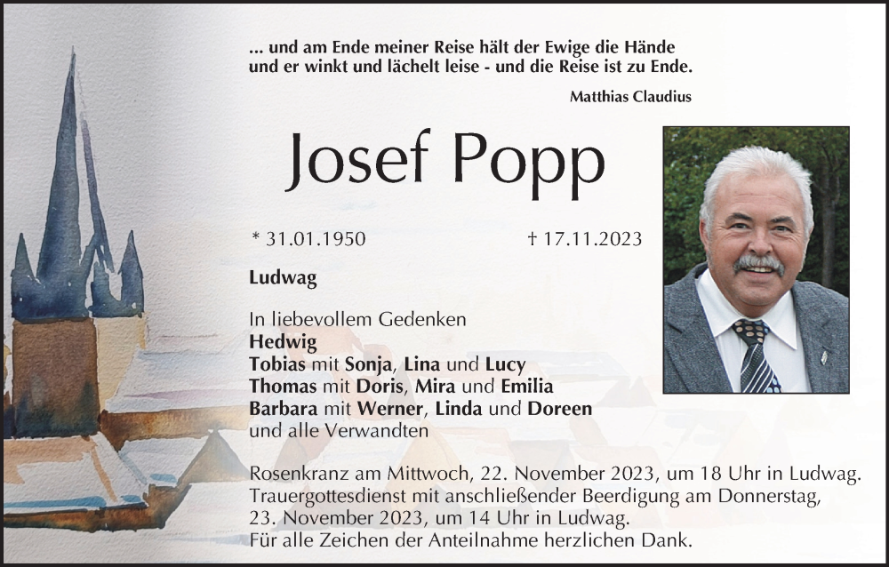  Traueranzeige für Josef Popp vom 21.11.2023 aus MGO