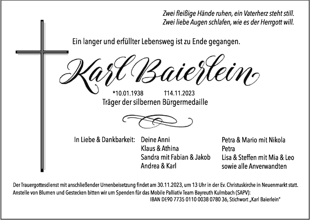  Traueranzeige für Karl Baierlein vom 25.11.2023 aus MGO