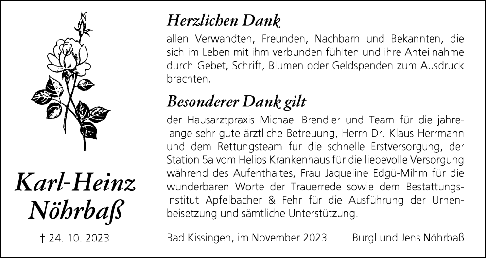  Traueranzeige für Karl-Heinz Nöhrbaß vom 11.11.2023 aus MGO