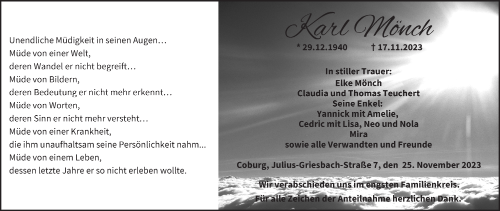  Traueranzeige für Karl Mönch vom 25.11.2023 aus MGO