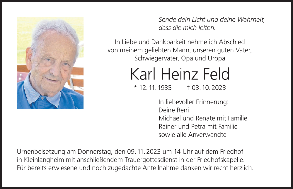 Traueranzeige für Karl Heinz Feld vom 04.11.2023 aus MGO