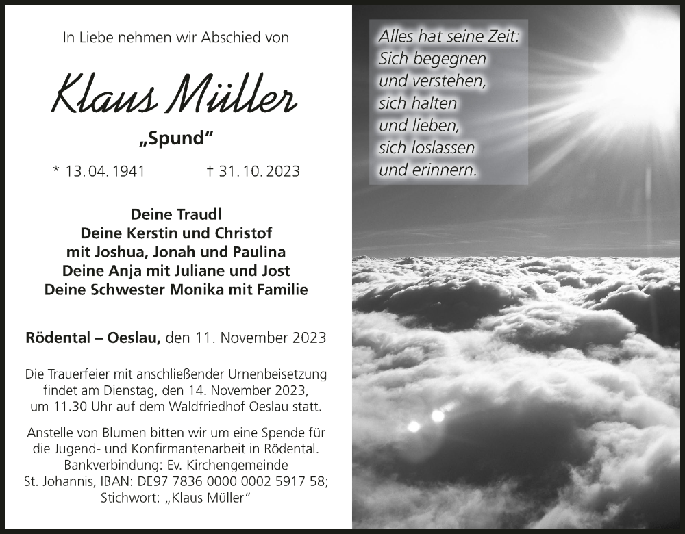  Traueranzeige für Klaus Müller vom 11.11.2023 aus MGO